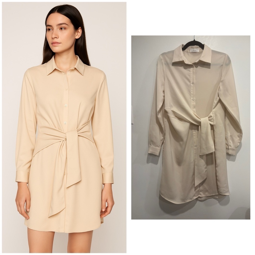 Oak + Fort Neutral Tie-Waist Shirt Dress XS
